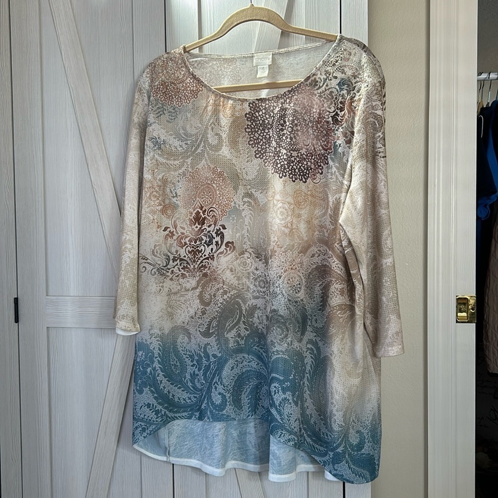 Chico's Zenergy Tan/Blue 3/4 Sleeve T Size 4
